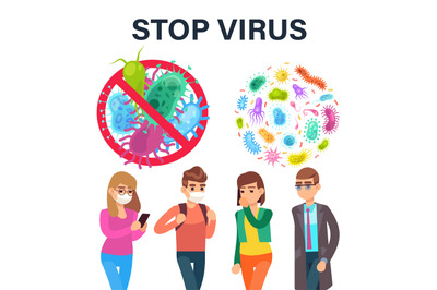 Stop Virus. People in and without medical masks. Man and woman ignore