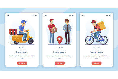 Template for mobile app page with delivery theme. Flat cartoon charact