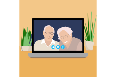 Video call to parents use laptop. Vector online video and chat