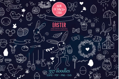 White Easter Doodles | Decorated Egg, Bunny, Flowers, Sheep, Chocolate