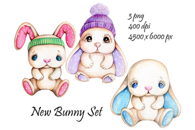 New Bunny Set. Watercolor illustrations.