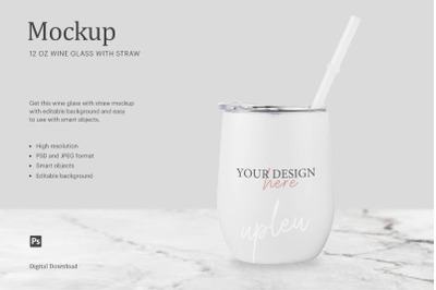 12oz White Insulated Wine Glass With Straw Mockup