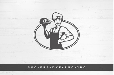 Chef in hat holding  food platter dish silhouette vector