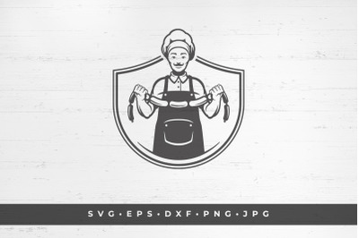 Butcher  holding  food sausages silhouette vector