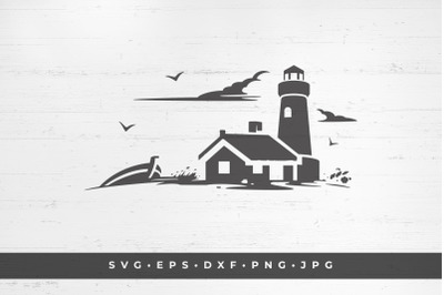 Fishing village with lighthouse and boat silhouette