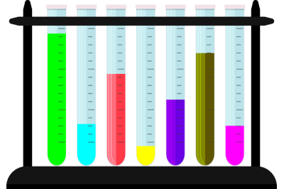 Set of beaker with colored substances on stand