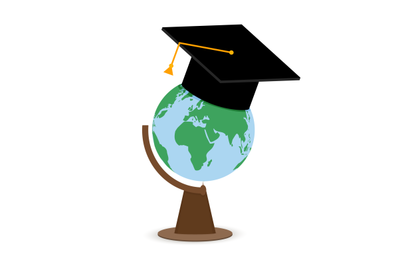 Higher education college university. Globe in cap