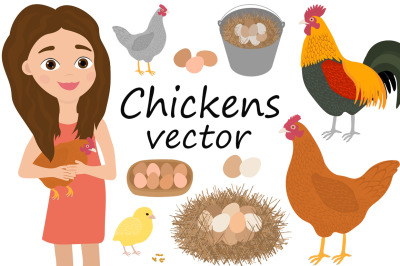 Set Girl and chicken rooster chicks eggs vector illustration