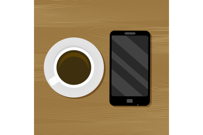 Cup of coffee and smartphone on table