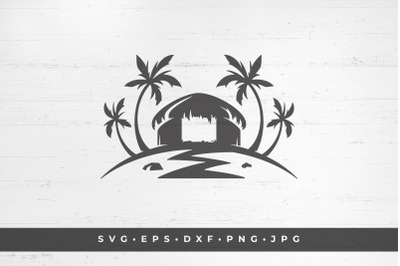 Bungalow on tropical island silhouette