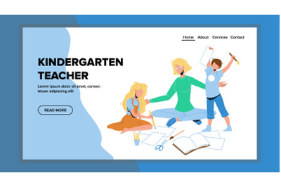 Kindergarten Teacher Teach Paint Children Vector Illustration