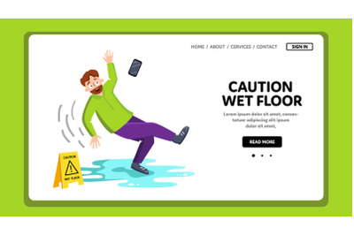 Caution Wet Floor Sign And Falling Man Vector