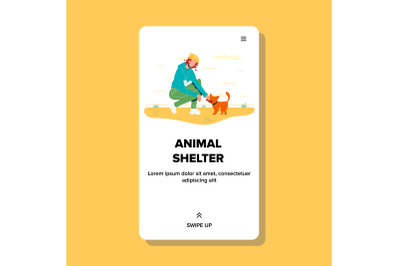 Animal Shelter Girl Feeding Homeless Cat Vector