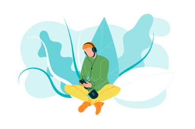 Man Using Mobile Cellular For Listen Music Vector