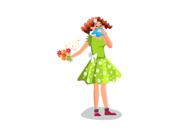 Allergy Woman Sneezing In Handkerchief Vector Illustration