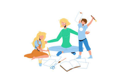 Babysitter Make Exercises With Children Vector Illustration