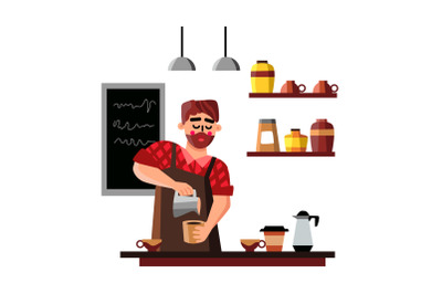 Barista Man Making Cup Of Coffee Hot Drink Vector