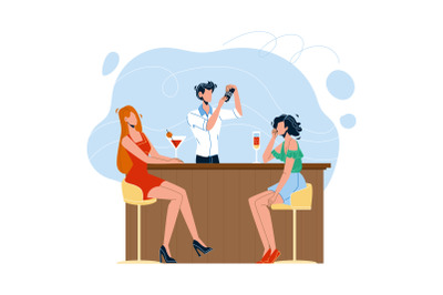 Barman Making Alcoholic Cocktail For Women Vector