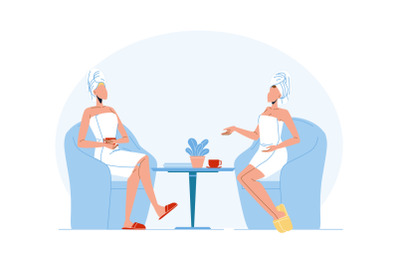 Women Wearing Bathrobe And Towel On Head Vector