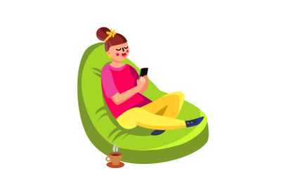 Girl Sitting In Beanbag And Using Cell Phone Vector