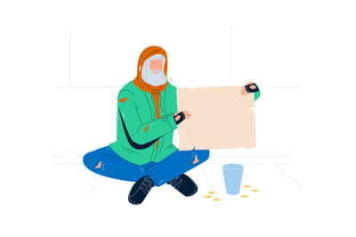 Beggar Sitting On Floor And Holding Carton Vector