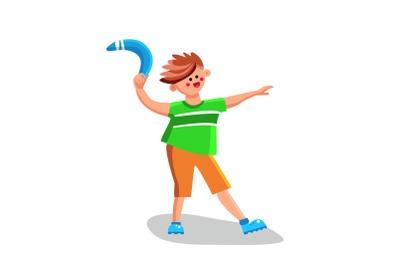 Boy Throwing Boomerang Playing Equipment Vector Illustration