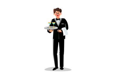 Butler Holding Tray With Cocktail Glasses Vector