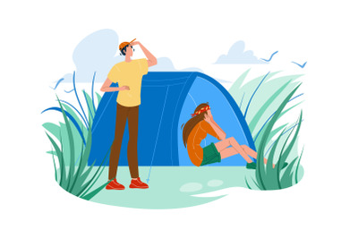 Campsite Tent And Tourists Man And Woman Vector