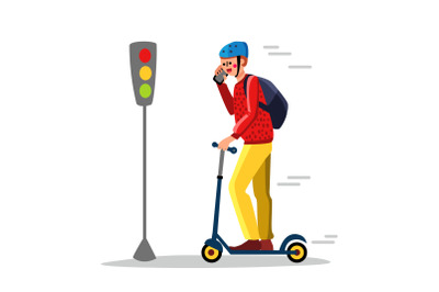 Careless Man Driving Kick Scooter On Street Vector Illustration