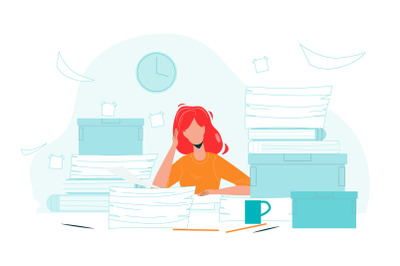 Woman Employee Clutter Office Workplace Vector Illustration