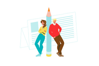 Copywriters Man And Woman Leaned Pencil Vector