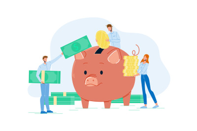 Businesspeople Add Money To Piggy Bank Vector