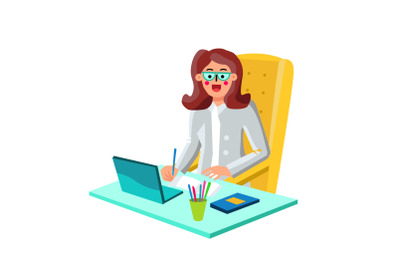 Economist Businesswoman Working On Laptop Vector Illustration