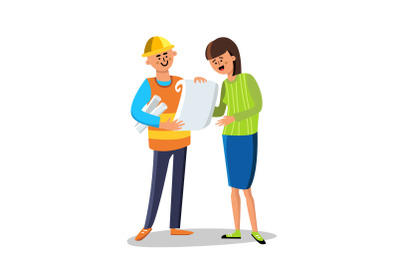 Engineer Builder Discussing With Woman Vector Illustration