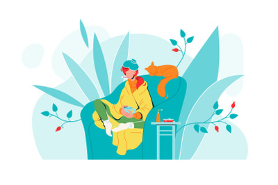 Flu Ill Girl In Armchair With Temperature Vector