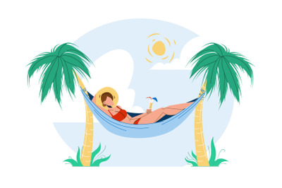 Woman Relaxing With Cocktail On Hammock Vector