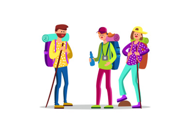 Hikers Characters With Touristic Equipment Vector Illustration