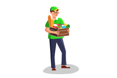 Delivery Man With Products Nutrition In Box Vector