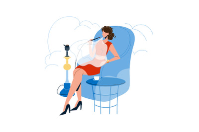 Woman Relaxing And Smoking In Hookah Cafe Vector