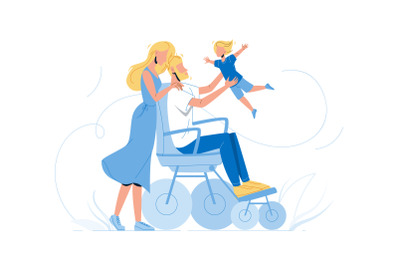 Father Man In Wheelchair Playing With Son Vector