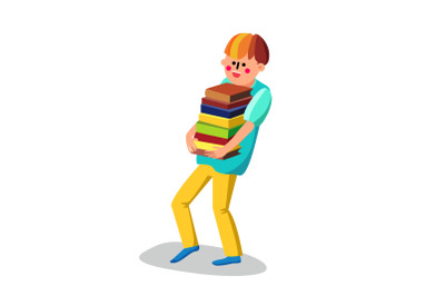 Literacy Boy Student Carries Bunch Of Books Vector