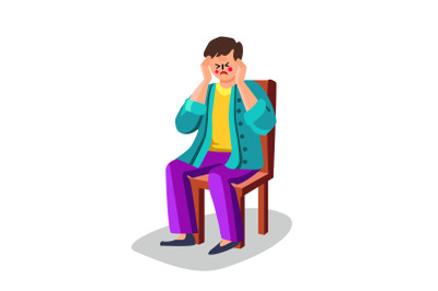 Man With Migraine Head Ache Sitting On Seat Vector