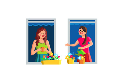 Neighbor Women Discussing Through Window Vector Illustration