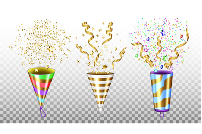 Party Popper Exploding Accessories Set Vector Illustration