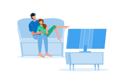 Pastime Couple Family Watching Tv Together Vector