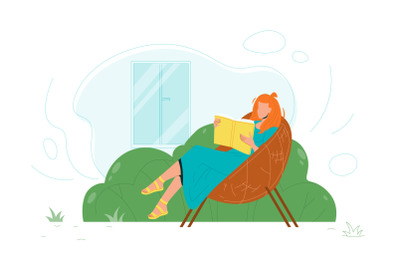 Woman Sit In Chair And Read Book In Patio Vector