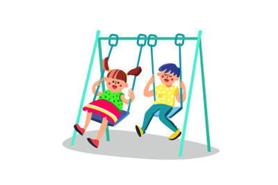 Cute Kids Having Fun On Swing In Playground Vector