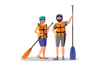 Rafting People Wear Life Vest Hold Paddle Vector