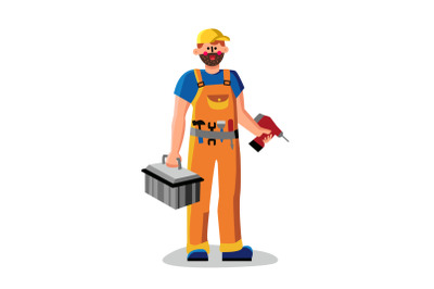 Repair Man Holding Drill And Instrument Box Vector