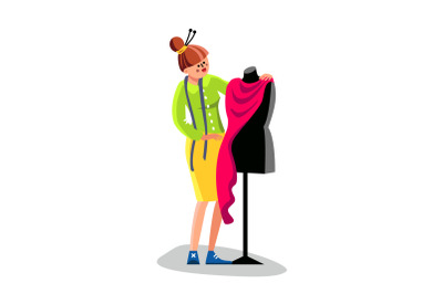 Seamstress Woman Sewing Clothing Or Dress Vector